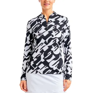 Warm Fashion Summer Glow Nivo Women's Lolita UV Long Sleeve Mock Neck Golf Shirt - Black/White
