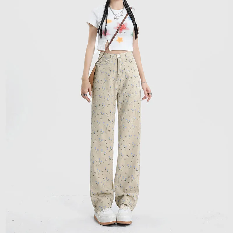 Sharp Cut Soft Motion Vintage Floral High Waist Jeans Women's Wide Leg Straight Casual Pants
