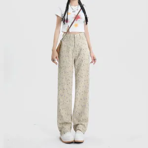 Vintage Floral High Waist Jeans Women's Wide Leg Straight Casual Pants Jewel tone