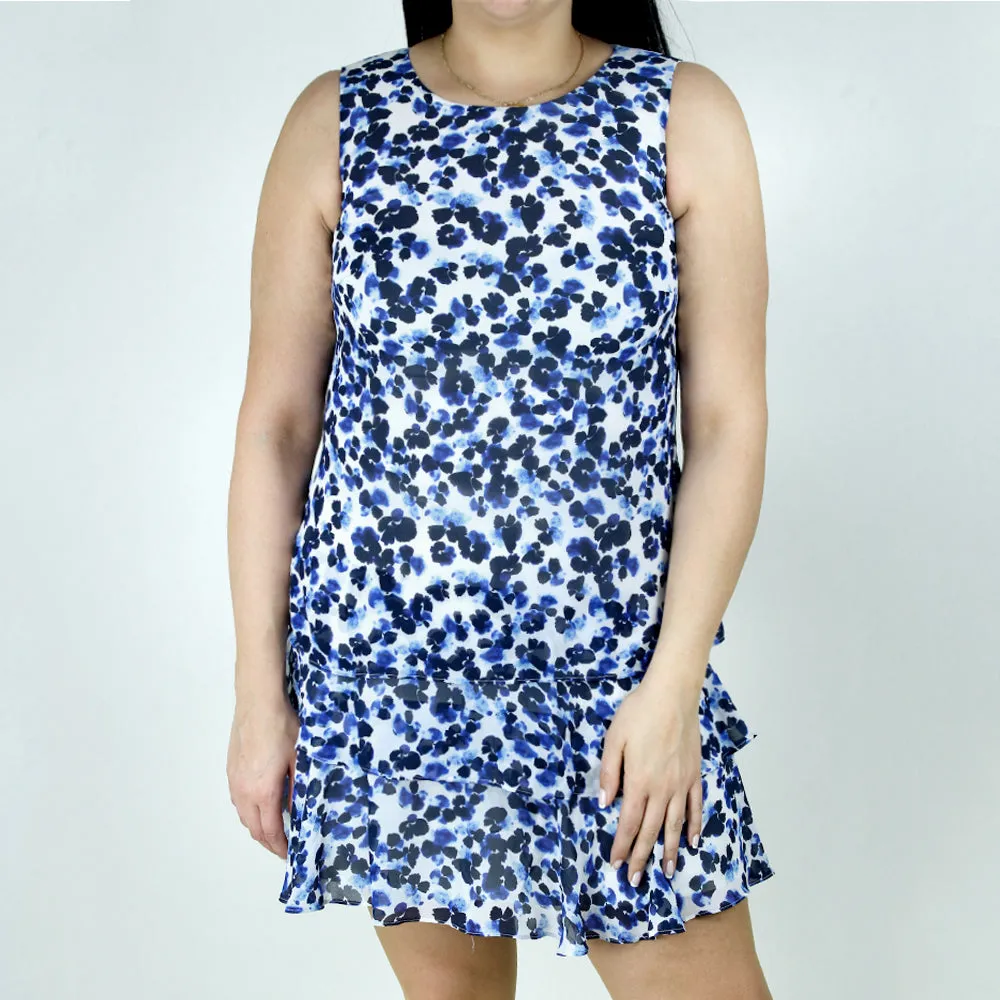 Women's Printed Flare Dress,White/Blue Soft Stretch