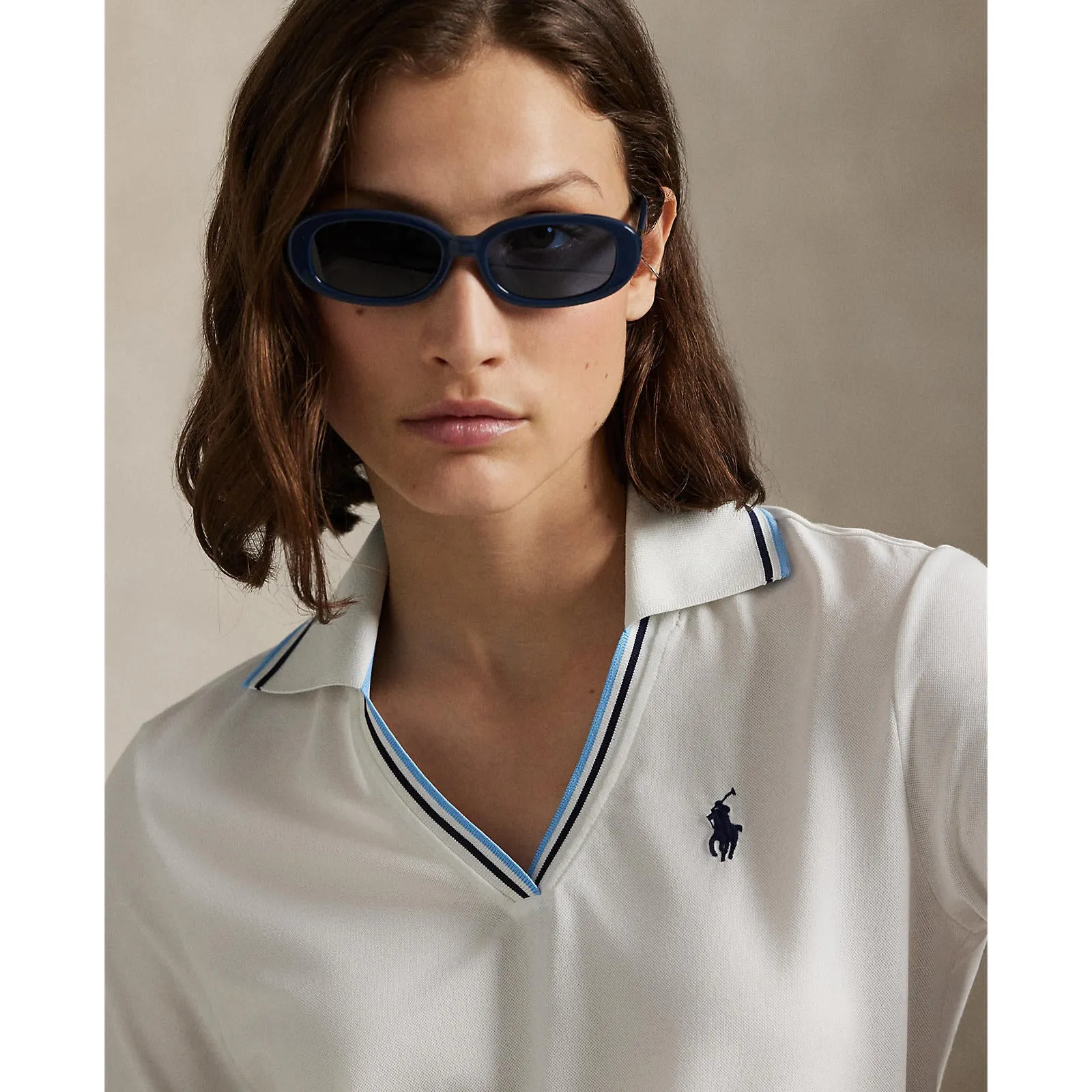 AntiOdor Fabric Quiet Luxury RLX Ralph Lauren Women's V Neck Tour Pique Golf Polo Shirt - Ceramic White/Refined Navy/Sutton Blue