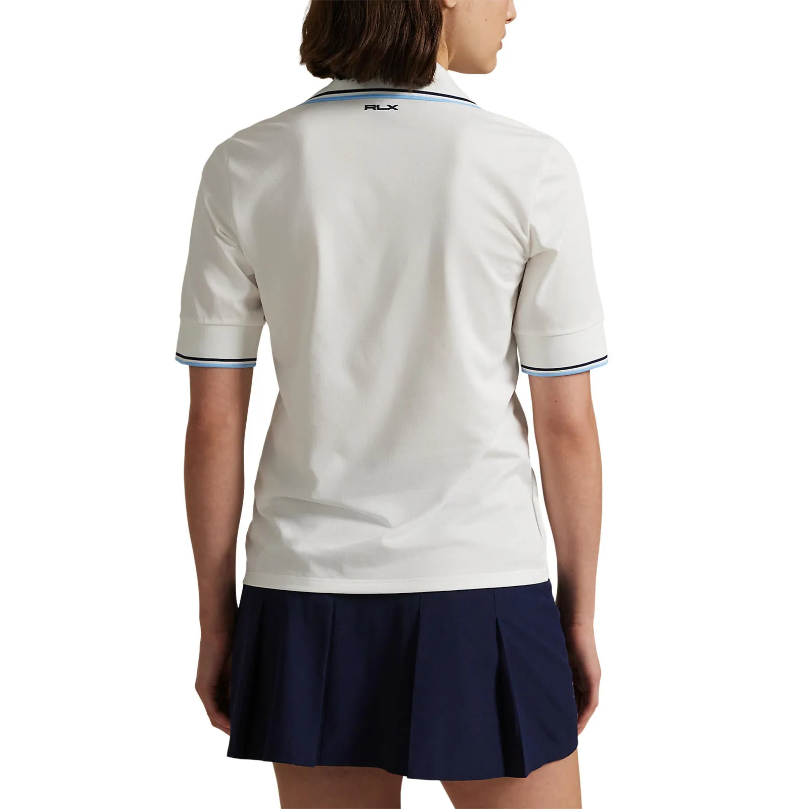 RLX Ralph Lauren Women's V Neck Tour Pique Golf Polo Shirt - Ceramic White/Refined Navy/Sutton Blue HighElasticity Fiber