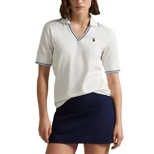 RLX Ralph Lauren Women's V Neck Tour Pique Golf Polo Shirt - Ceramic White/Refined Navy/Sutton Blue QuickRelease Fasteners