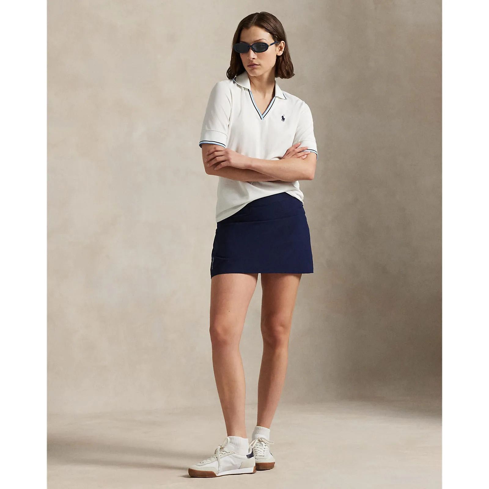 Chic Accessory Trendy Sweatpants RLX Ralph Lauren Women's V Neck Tour Pique Golf Polo Shirt - Ceramic White/Refined Navy/Sutton Blue