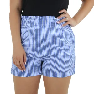 Women's High Waist Checked Short,Indigo/White Minimal Waist Slim Waistband