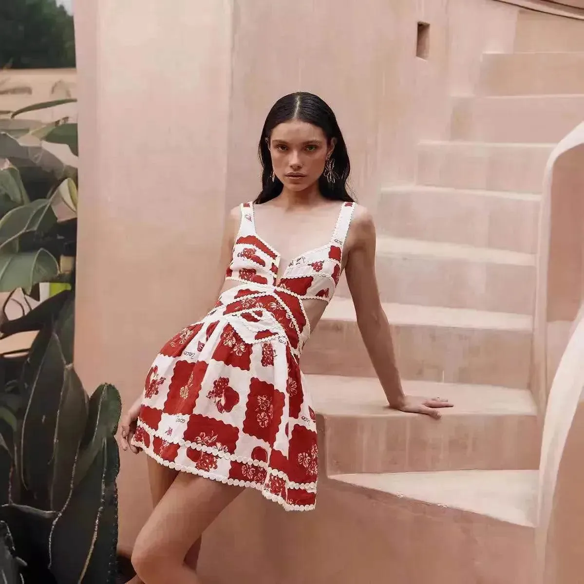 All Gender Fit Women's Flower Print Lace Sling Dress Fashion V-neck Waist-baring Skirt Summer Clothing