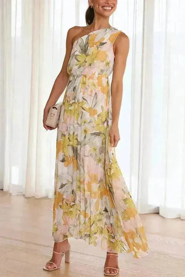 Linen Soft Embroidered-Detail Summer Printed Oblique Shoulder Elastic Waist Vacation Floral Sleeveless Midi Dress