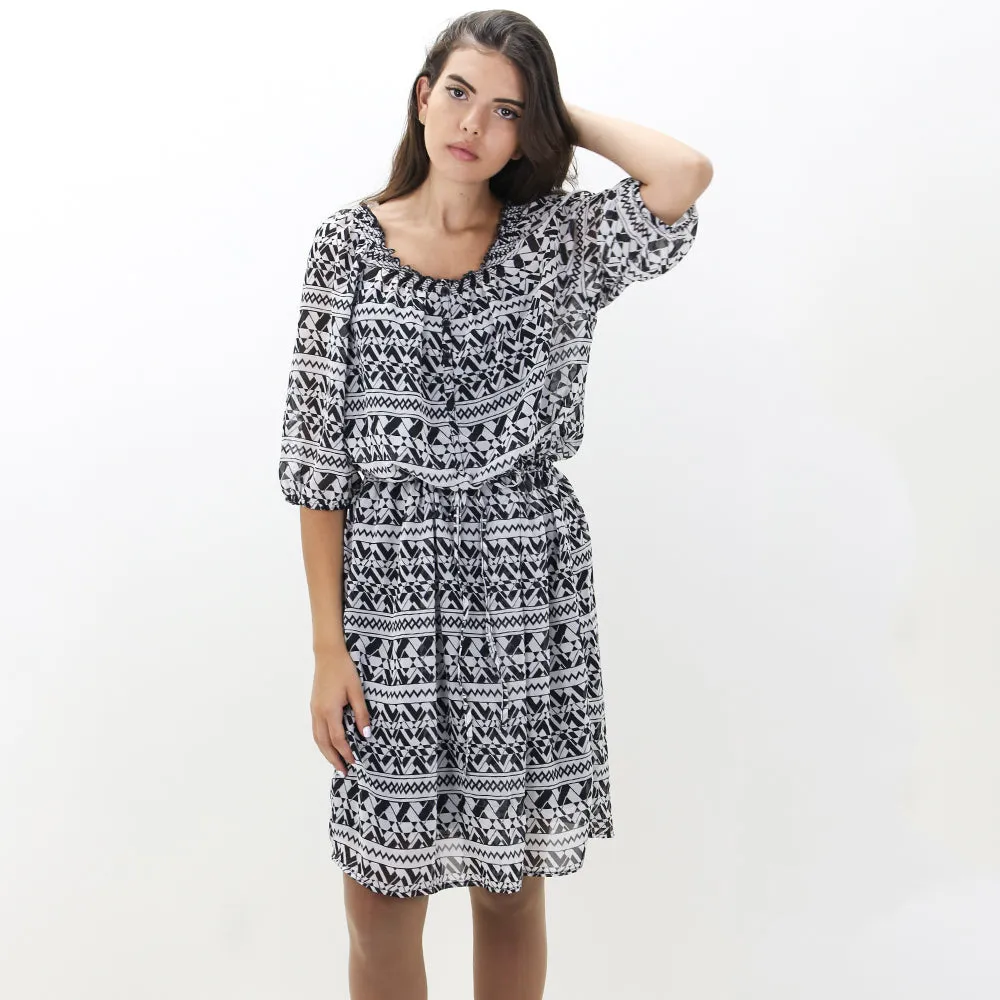 Women's Chiffon Printed Dress,White/Black Back-Pocket