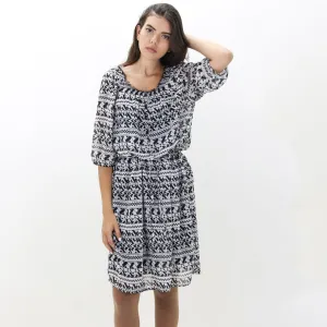 Women's Chiffon Printed Dress,White/Black Back-Pocket