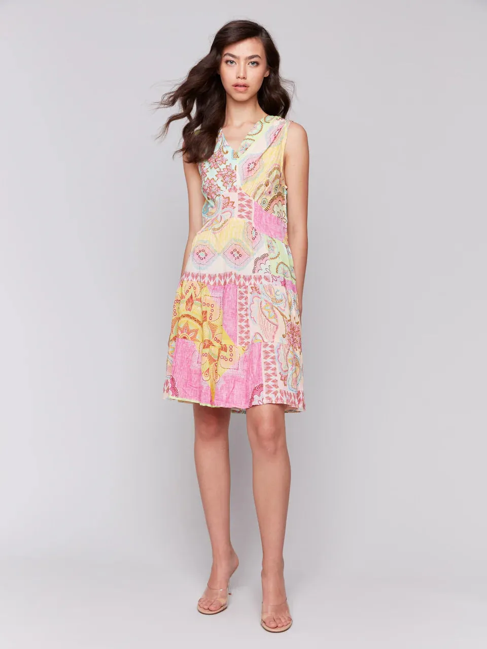 *SALE* CHARLIE B PRINTED SLEEVELESS V-NECK DRESS - PINK MULTI Bold Look