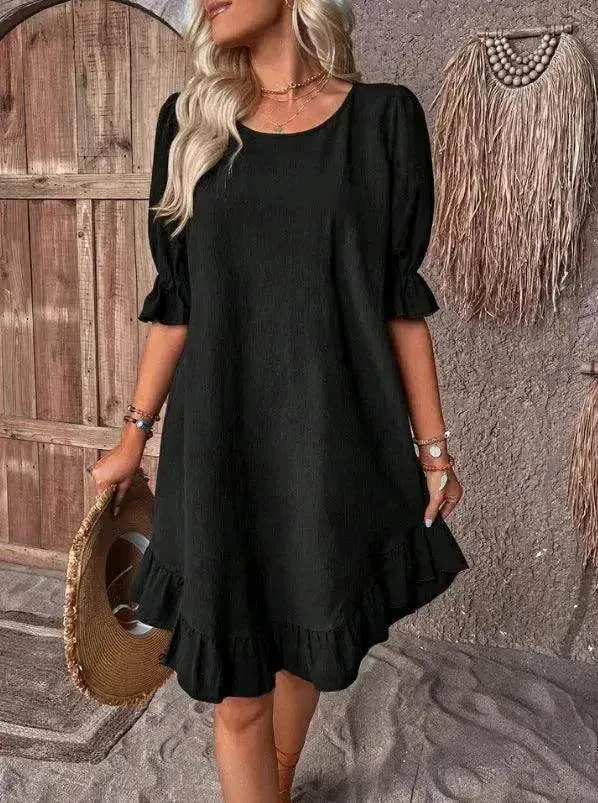 Balanced Shape Fashion Ruffle Short-sleeved Dress Summer Solid Color Round Neck Loose Midi  Straight Dress for Women.