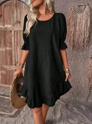 Fashion Ruffle Short-sleeved Dress Summer Solid Color Round Neck Loose Midi  Straight Dress for Women. Lace Soft