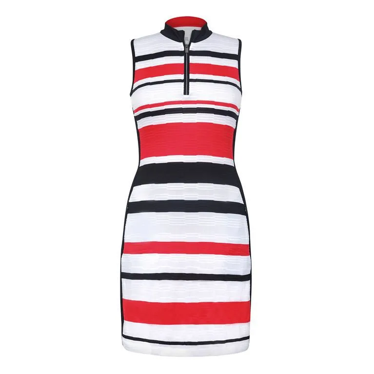 Bright-Hue Feminine full-length gown New Tail White, Black & Red Striped Jacquard Dress Size M  MSP$97