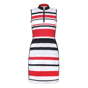 Bright-Hue Feminine full-length gown New Tail White, Black & Red Striped Jacquard Dress Size M  MSP$97