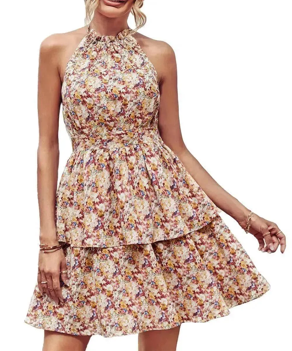 Fair-Trade Summer Printed Halter Dress Fashion Boho Backless Ruffled A-Line Beach Dresses For Womens Clothing