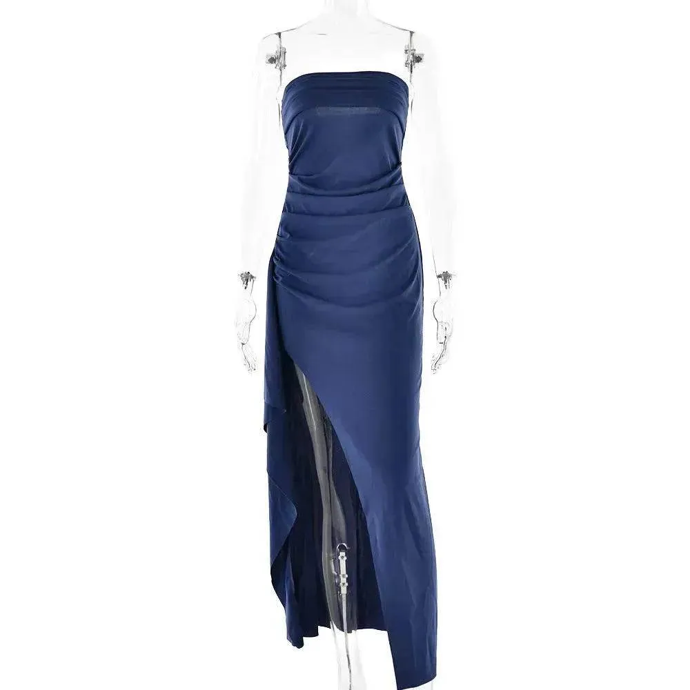 Layered Movement Chill Comfort Strapless Split Long Dress Summer Fashion Pleated Bridesmaid Dress For Womens Party Wedding Clothing