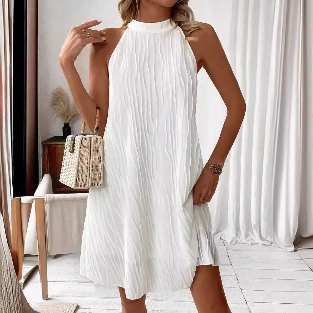 Natural Fit Olive Tone Fashion Dresses For Women Pure Color Halter Backless Dress