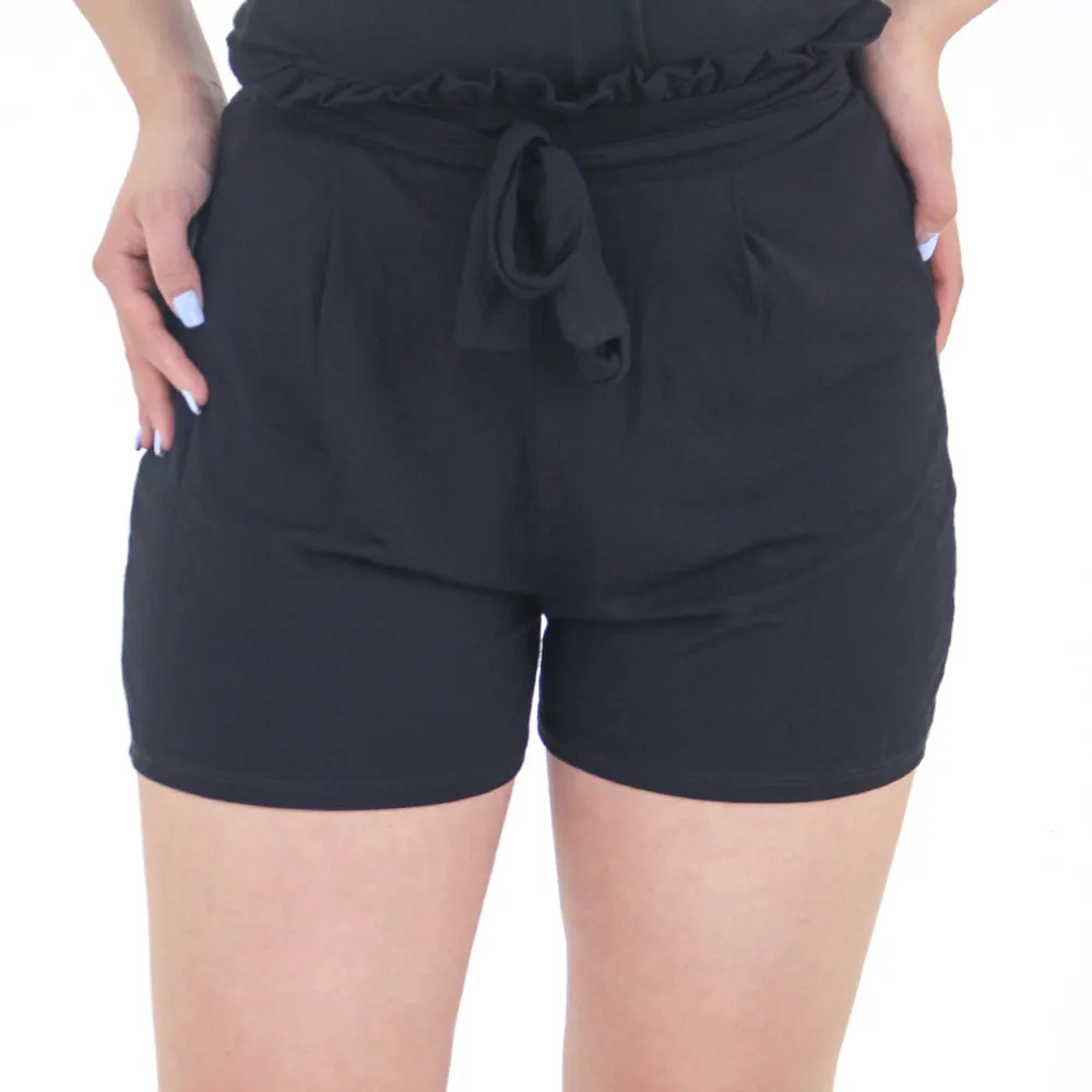Durable Weave Fabric Women's Belted High Waist Short,Black