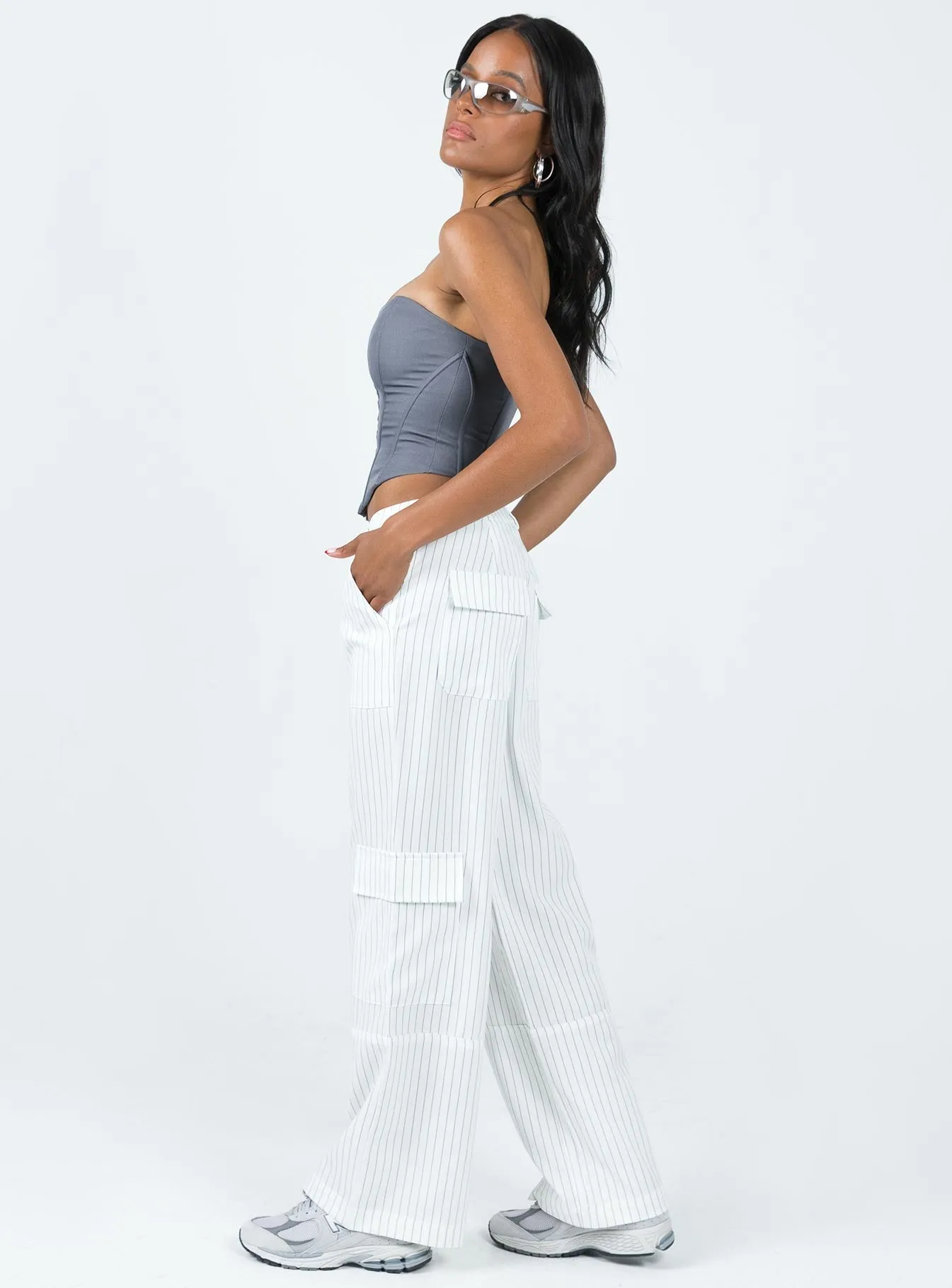 FlexibleMobility Free Movement Luna Mid Rise Cargo Pants White Pinstripe