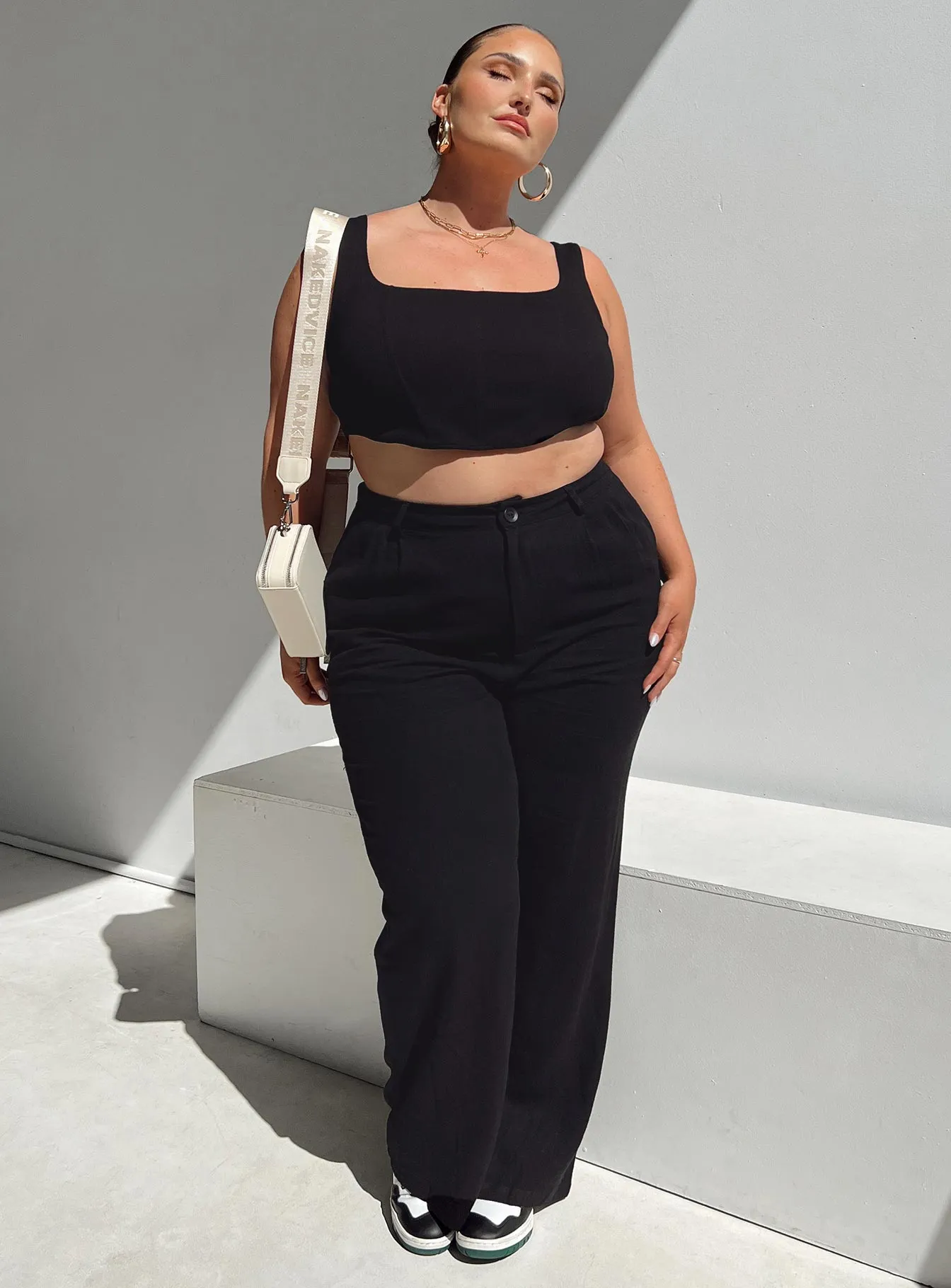 Brenda Linen Blend Pants Black Curve Durable Weave Barrel Waist