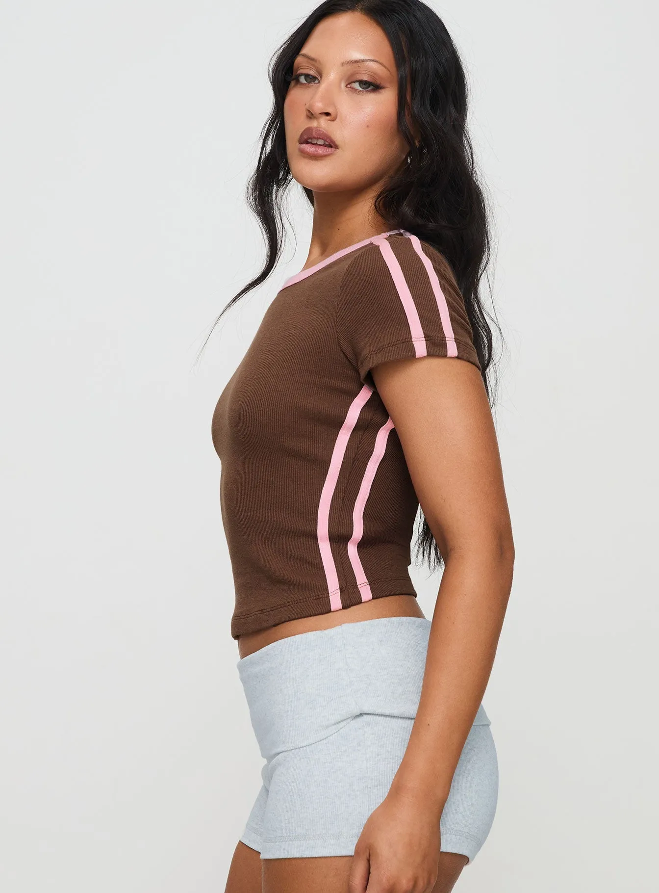 Modern and Soft Baseline Scoop Rib Tee Brown / Pink