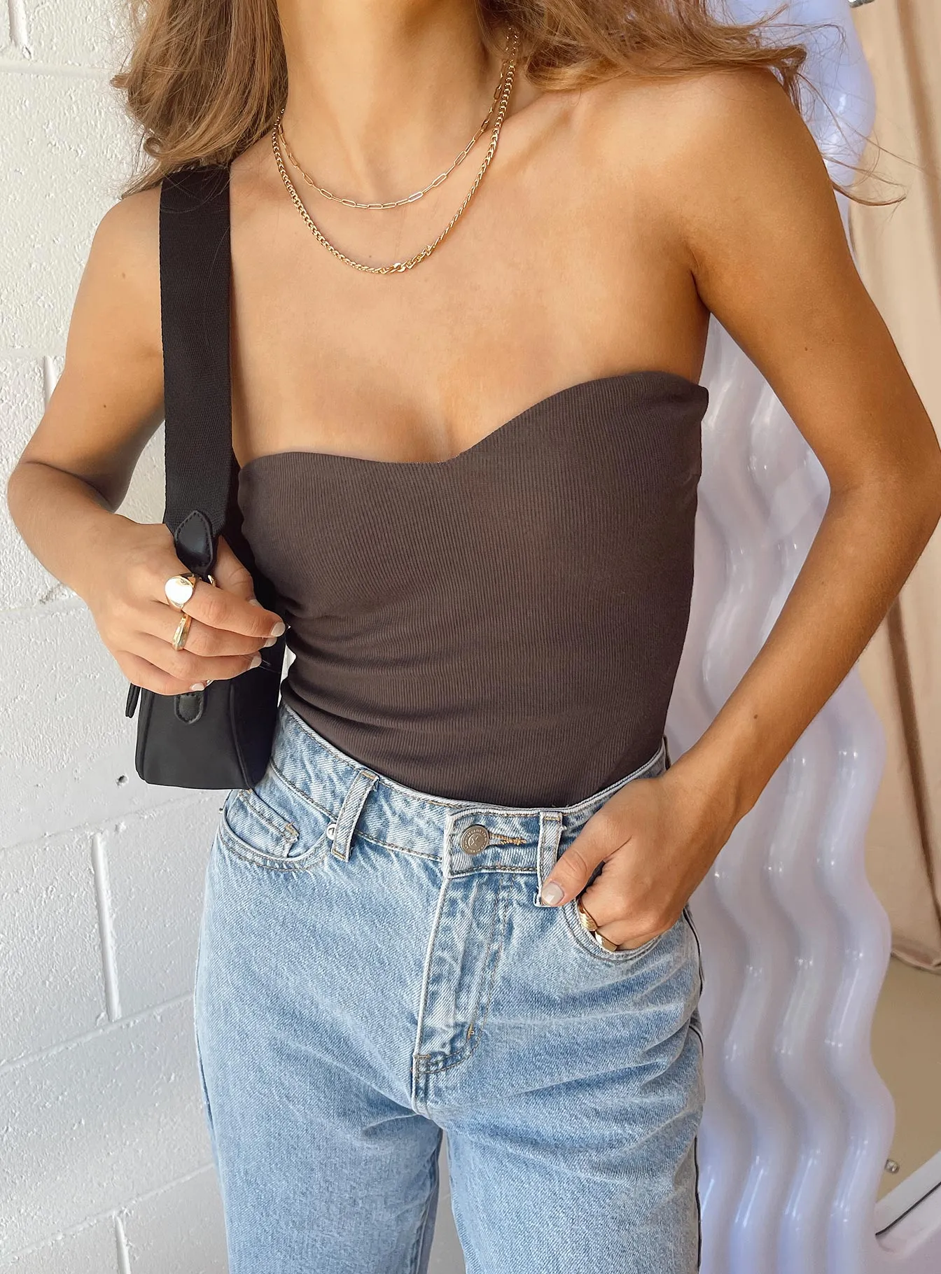 v neck bodysuit Organic Aston Strapless Bodysuit Brown