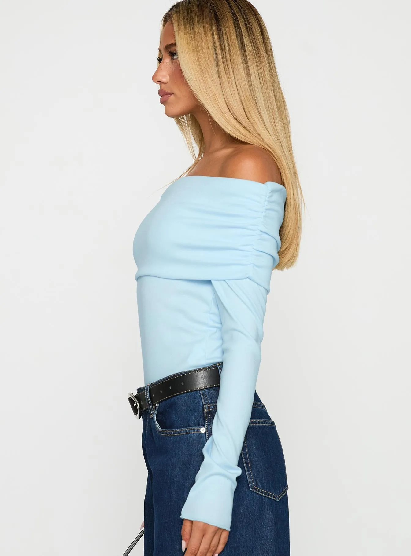 Spoilt Off The Shoulder Bodysuit Blue airport outfit bodysuit