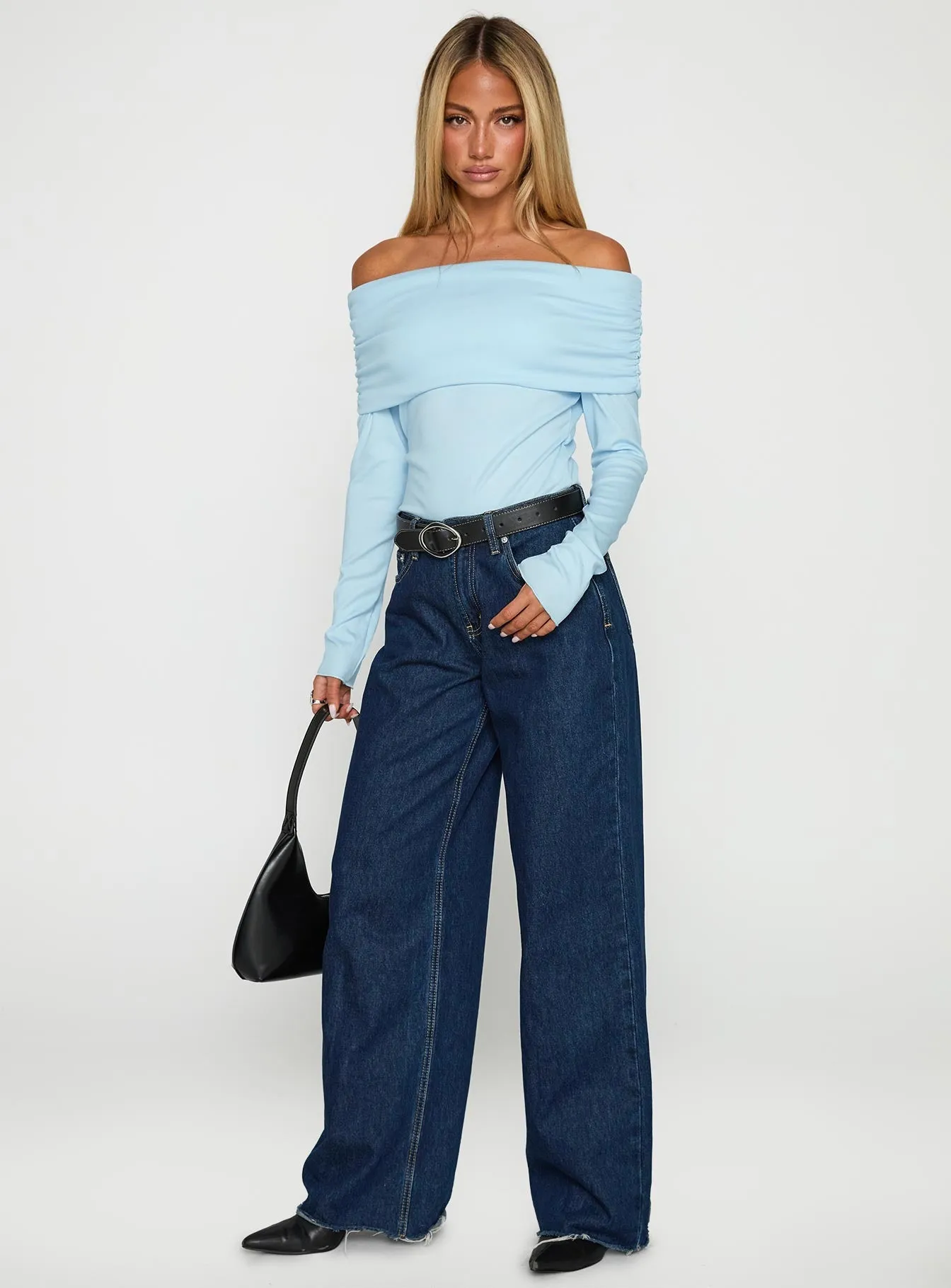 halter bodysuit leather bodysuit Spoilt Off The Shoulder Bodysuit Blue