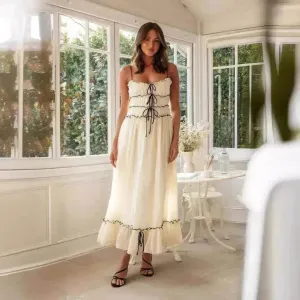 Modern-style Silk Flow 2025 Summer Suspender Spaghetti Strap Long Dresses With Bow Pleat Design Fashion Sweet Bow Beach Dress For Womens Clothing