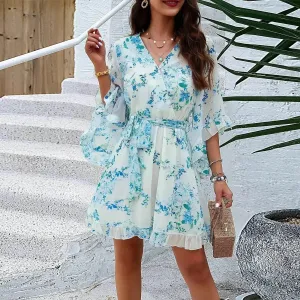 Life Soft Stylish party wear Casual Summer Chiffon Floral Print Short Sleeves Dress Lace Up Ruffles Design Fashion V-neck Short Mini Dresses Womens Clothing