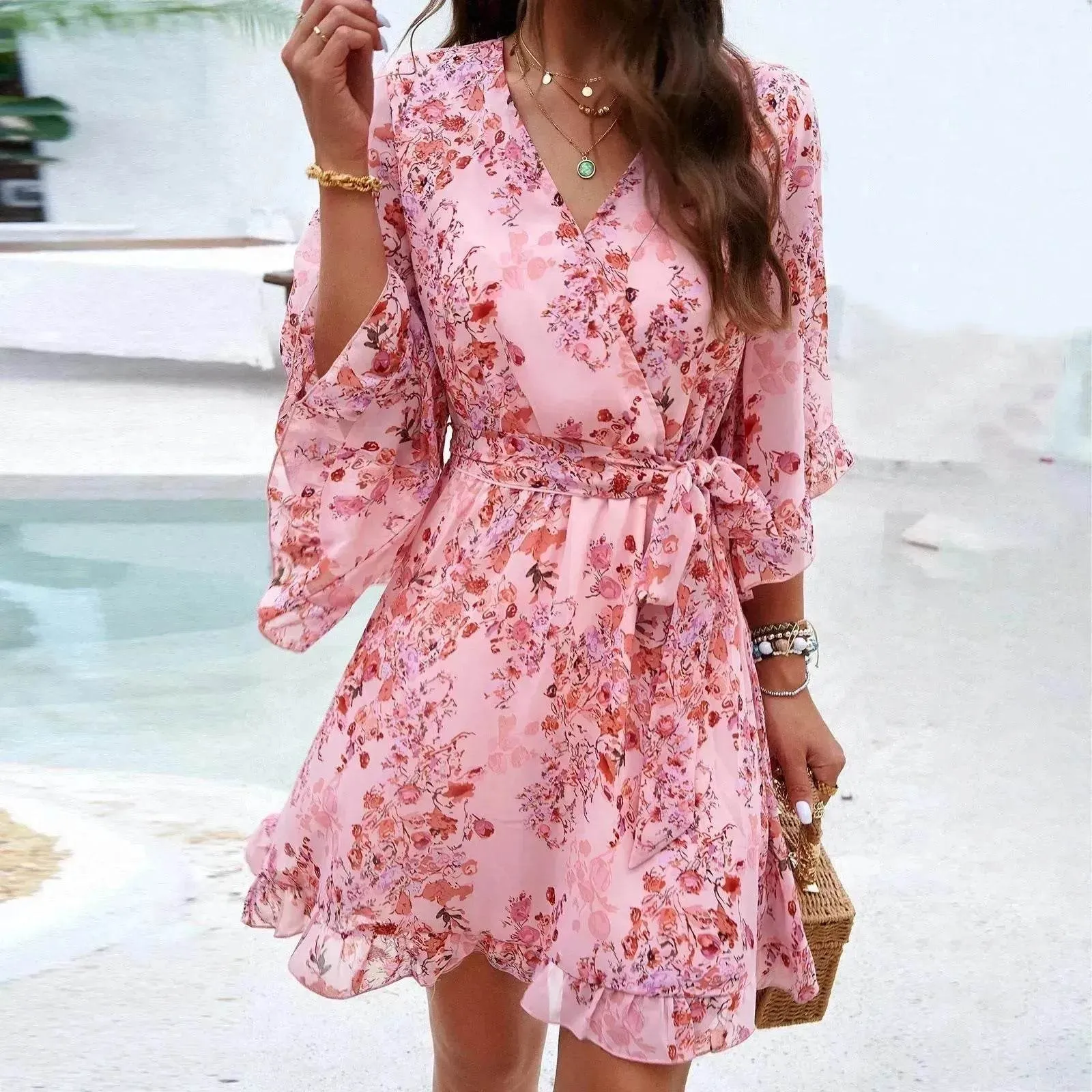 windproof Soft Shine Casual Summer Chiffon Floral Print Short Sleeves Dress Lace Up Ruffles Design Fashion V-neck Short Mini Dresses Womens Clothing