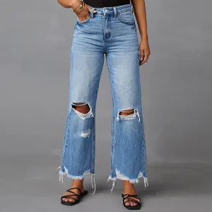 EcoFriendlyTextile Summer Style European And American Water Washed Hole High Waist Trousers Wide Leg Pants Jeans