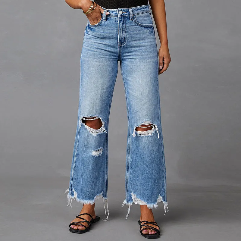 European And American Water Washed Hole High Waist Trousers Wide Leg Pants Jeans Light Wool Champion Glow