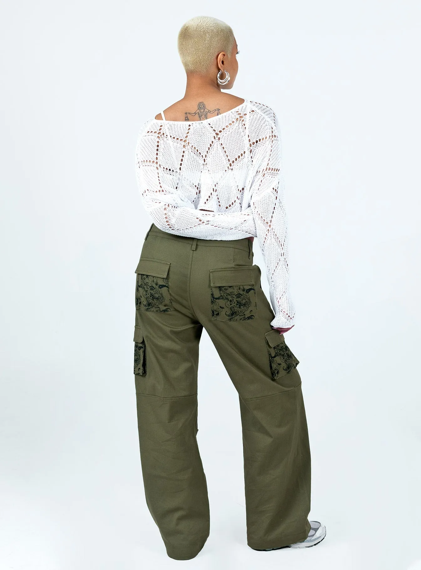 Paisley Tattoo Cargo Pants Khaki Eco Friendly Fabric Layered Style