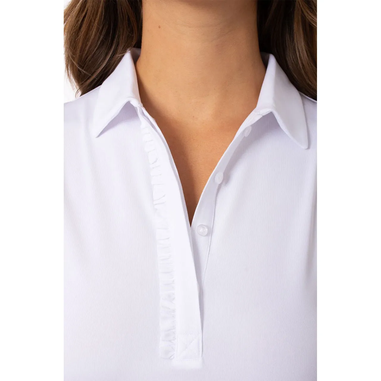 Golftini Women's Sleeveless Ruffle Golf Polo Shirt - White ElasticBinding Harbor Style