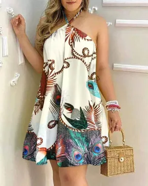 Printed Dress Summer Off-Shoulder Hanging Neck Sleeveless Sexy Dresses Women Unisex Option