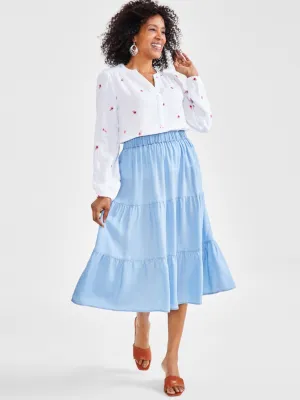 urban scene Women's Textured Chambray Tiered MIDI Skirt,Light Blue