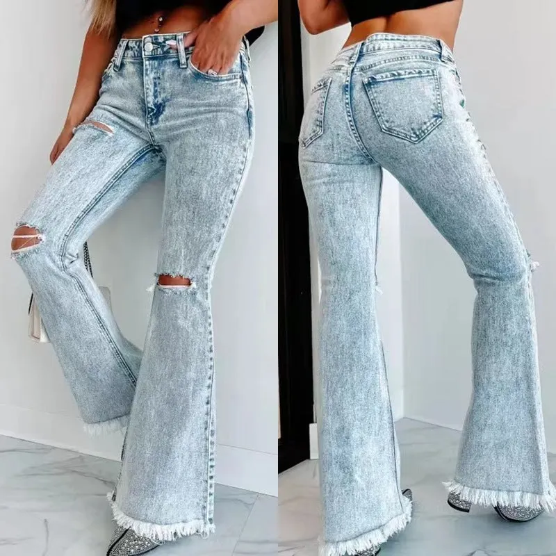 Women's Fashion Wash High Waist Ripped Jeans PreShrunkFabric Wind Ease