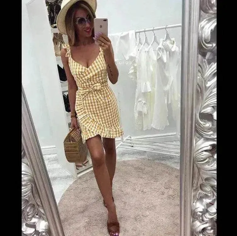 Maternity-Fit Women's Fashion Personality Summer Sleeveless Plaid Drawstring Casual Mini Dress