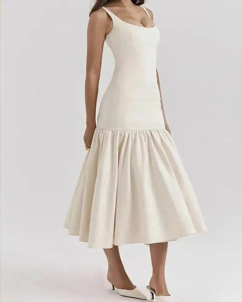 Summer Round Neck Sleeveless Solid Color Pleating Slim Fit Dress Daily Favorite Soft-touch