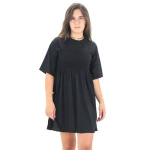 Women's Smocked Chest Short Dress,Black Contrast-Panel