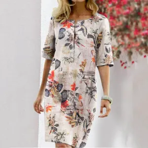 Vintage Dress Women Summer Floral Leaf Print Slit Round Neck Half Sleeve Dresses Sleek Outline