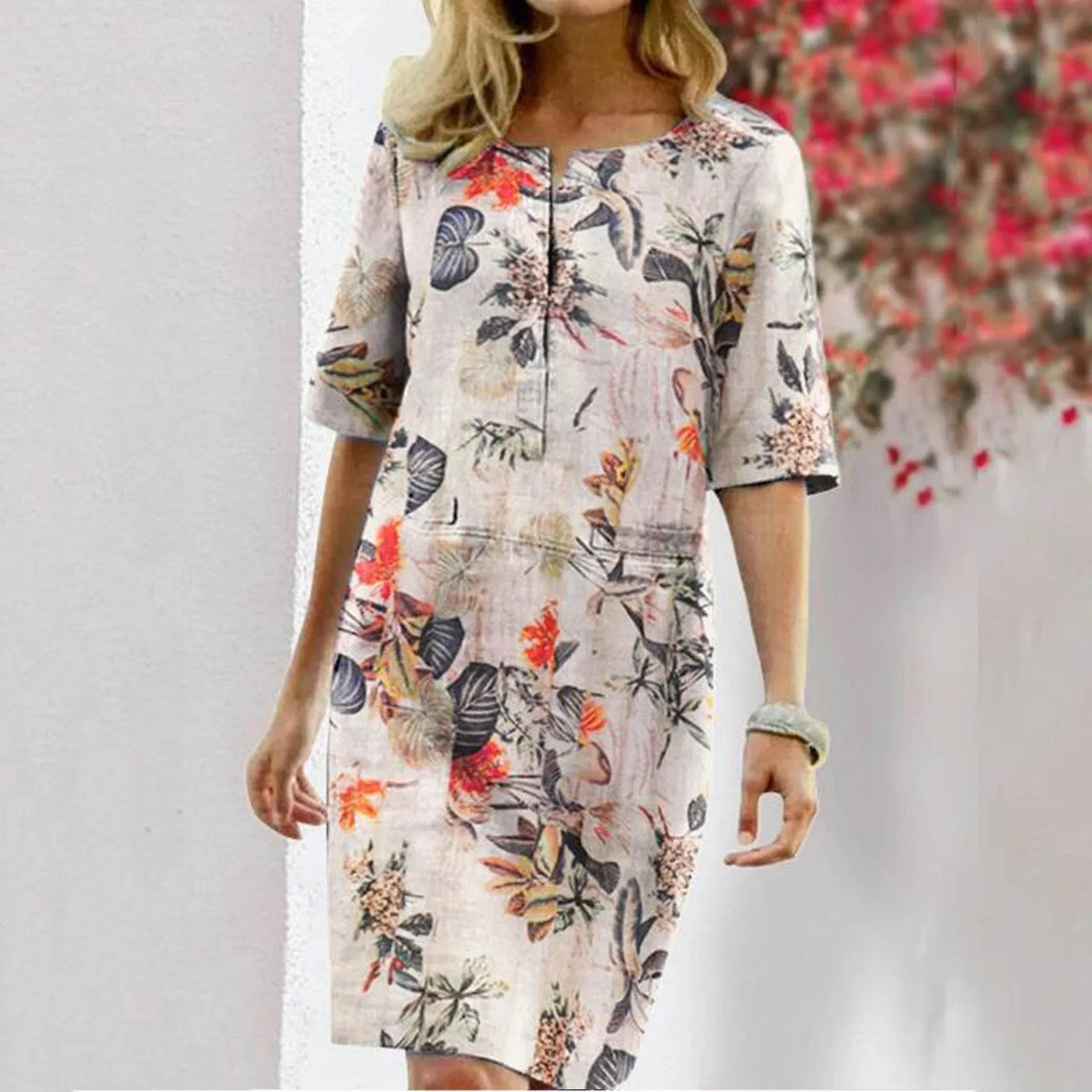 Vintage Dress Women Summer Floral Leaf Print Slit Round Neck Half Sleeve Dresses Sleek Outline
