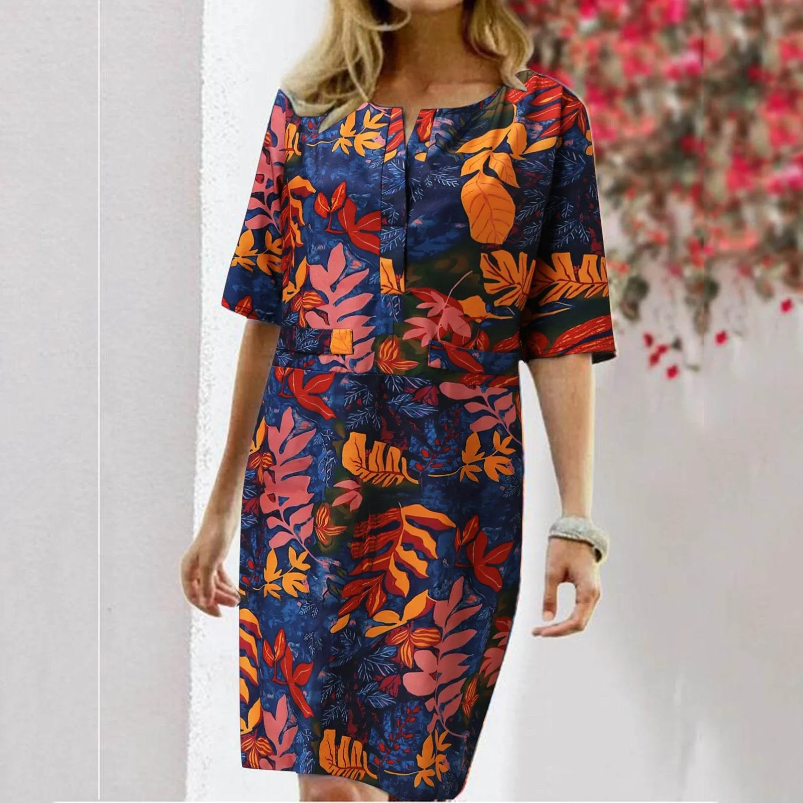Vintage Dress Women Summer Floral Leaf Print Slit Round Neck Half Sleeve Dresses Bright Bloom Smart Detail