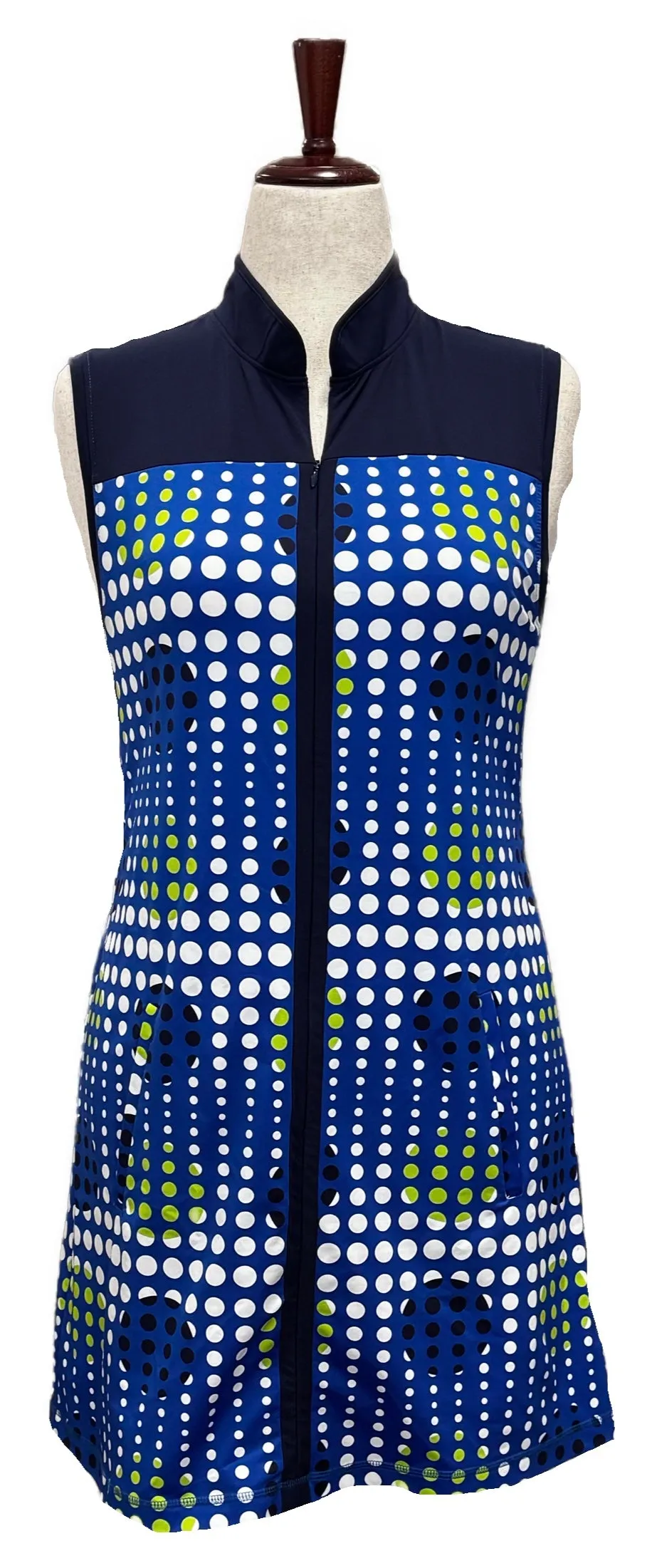 Kinona Navy, White & Green Polka Dot Women's Golf Dress Size M Stylish Vibe Gentle Motion