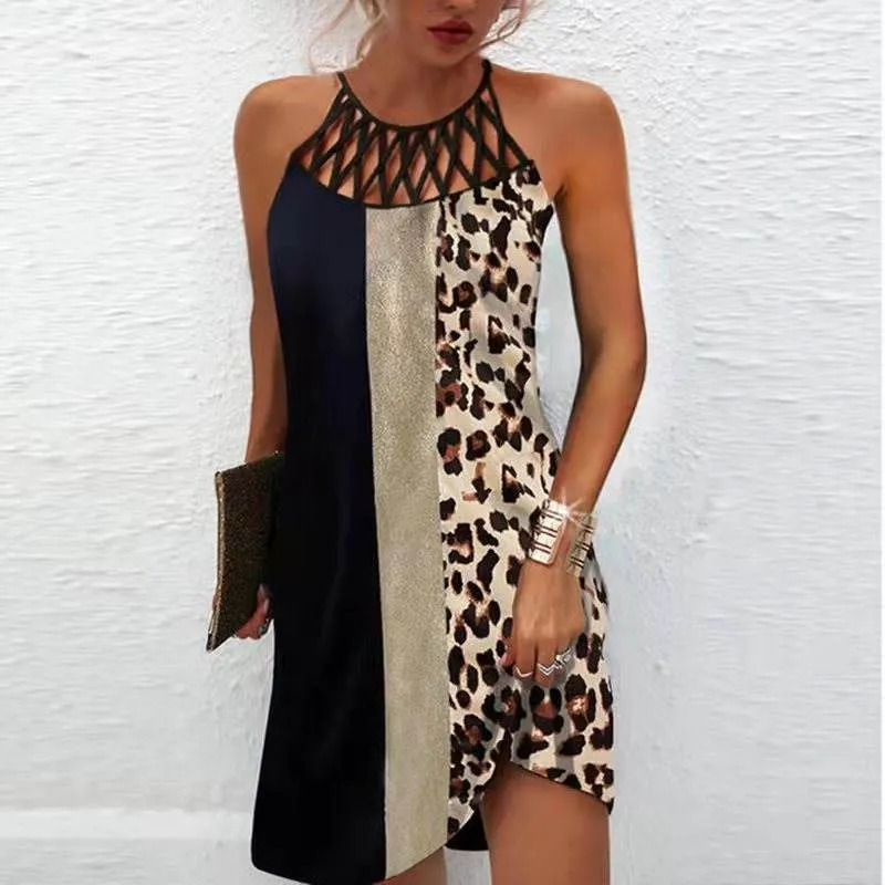 Fashion Print Dress Casual Halterneck Dresses For Women Summer Clothes Soft Design Mesh-Sleeve