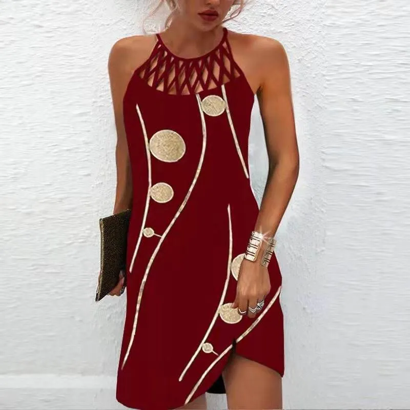 Fitted Shape Urban Chic Fashion Print Dress Casual Halterneck Dresses For Women Summer Clothes