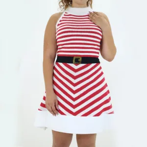 Women's Striped Fit & Flare Dress,White/Red Relax Form Wedding-Guest