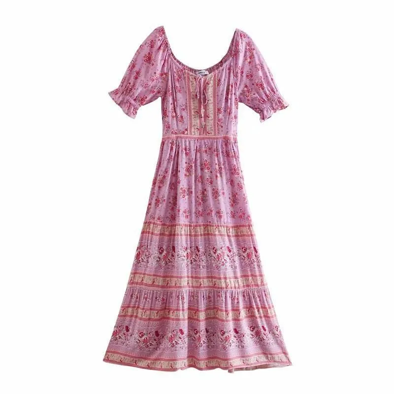 Romantic Soft Calm Style Aachoae Women Elegant A Line Long Maxi Dress With Belt Summer Floral Print Beach Dress Ruffle Short Sleeve Bow Tie Chic Dresses