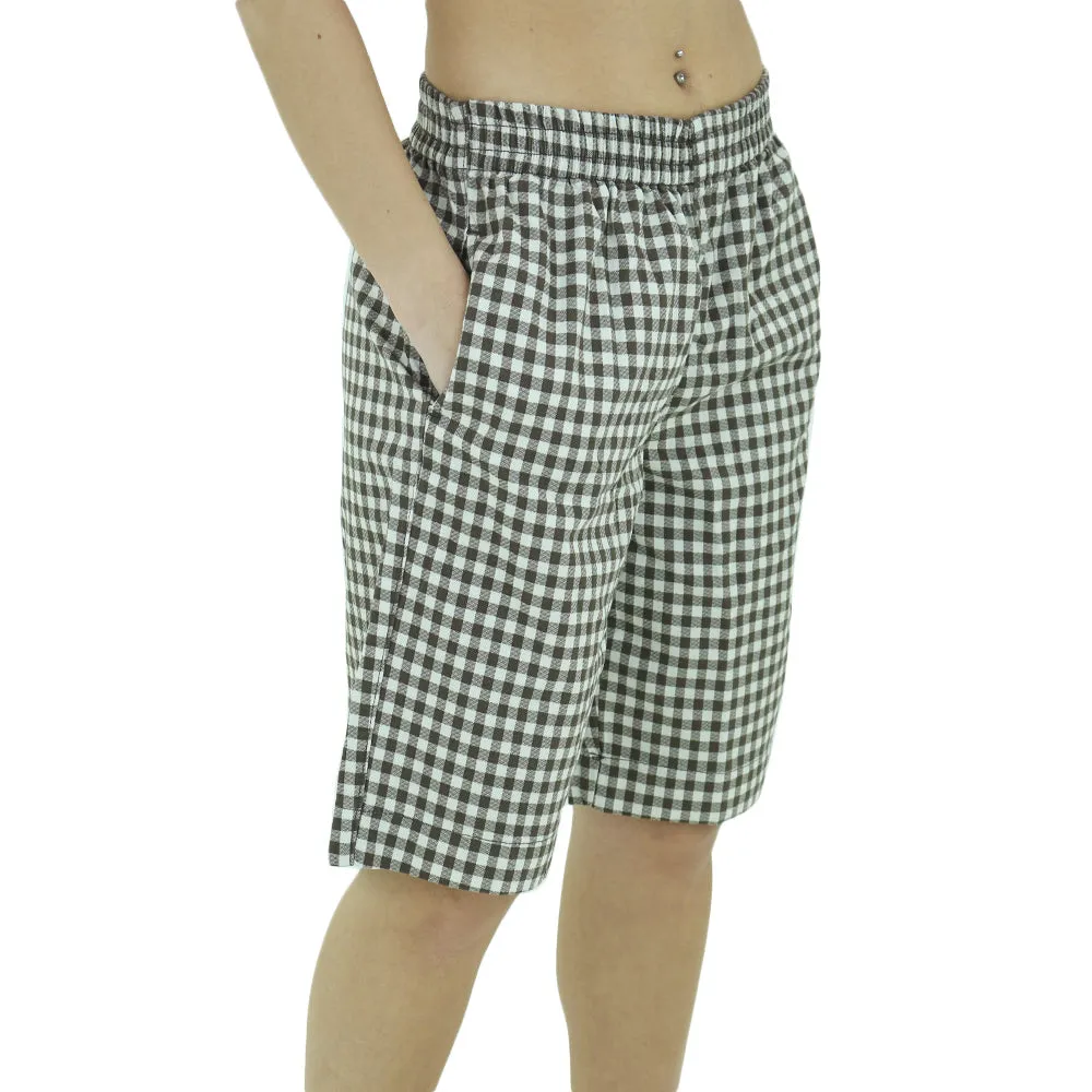 Women's Plaid Short,Brown Vegan Leather Flatlock Seam Technology